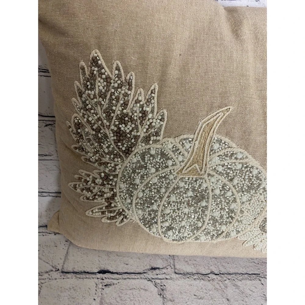 Devi Designs Beaded Fall Pumpkins Thanksgiving Boho Throw Pillow Beige 25x10